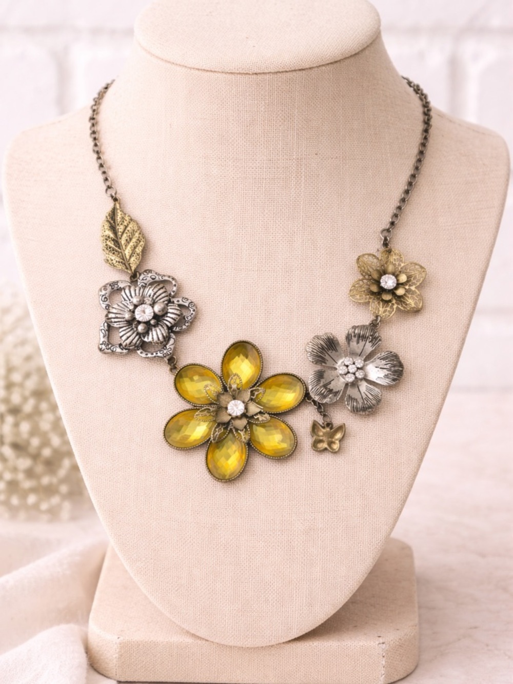 Vintage Blossom Floral Bib Statement Necklace Mixed Metal 2000โs